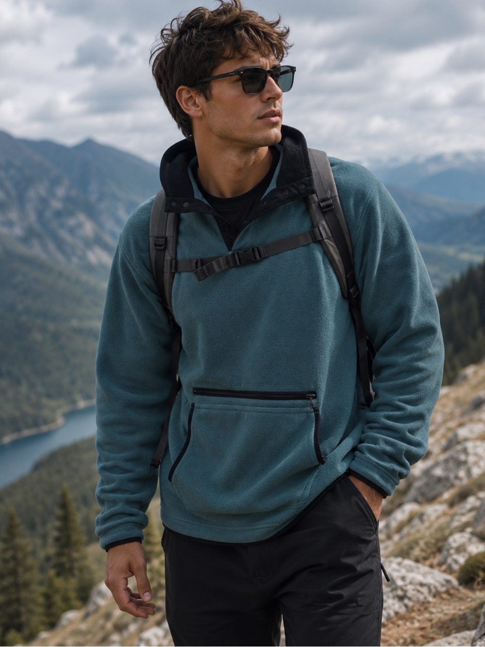 Vintage Outersport Teal Black Fleece Pullover Sweatshirt Medium Hiking Outdoor